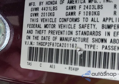 2012 Honda Accord 2.4 Ex-L z USA, uszkodzony, nr VIN 1HGCP2F87CA201167